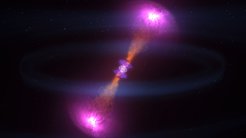 Wenn Neutronensterne verschmelzen, schleudert die Explosion einen Teil der Materie mit enormen Geschwindigkeiten in riesigen „Jets“ ins All, wie in dieser Darstellung gezeigt. Die Jets erzeugen einen kurzen Gammastrahlenblitz (magenta). Die Wolke um das im Zentrum entstandene Schwarze Loch kann bei sichtbaren und Nahinfrarot-Wellenlängen beobachtet werden. In dieser Neutronen-reichen Materie werden die schwersten Elemente im Universum gebildet.