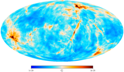 llustration 1: Himmelskarte der Harrison-Magnetfeldstärke gemittelt über eine Kugel von ungefähr 300 Millionen Lichtjahren Radius. Die Region mit erhöhter Magnetfeldstärke in der linken Seite des Bildes ist der Perseus-Pisces Galaxienhaufen, die in dem oberen Teil ist der Virgohaufen.